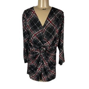 Christopher & Banks Cross Hatch Plaid Front Twist Deep V Blouse Long Sleeve Sz L